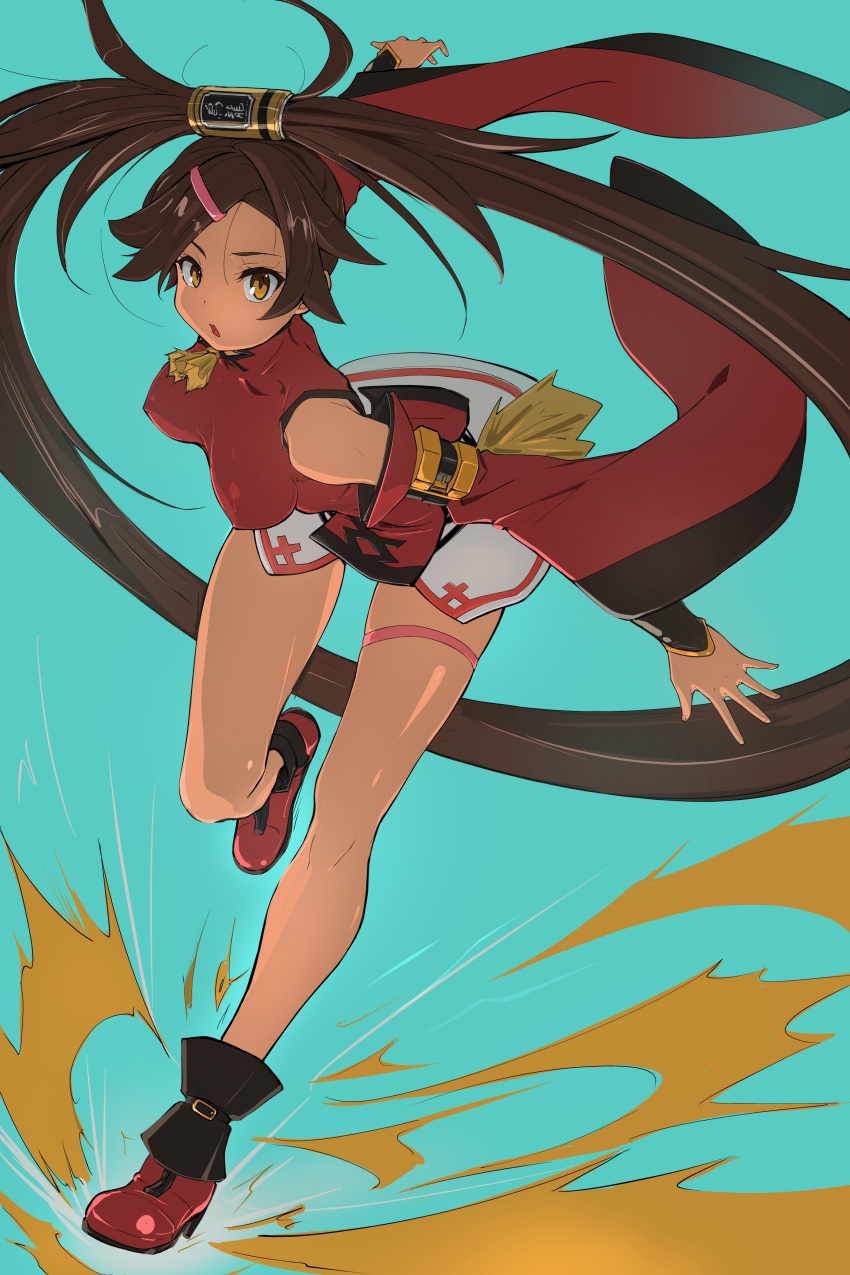 1girl absurdres bare_shoulders breasts brown_eyes brown_hair china_dress chinese_clothes detached_sleeves dress guilty_gear guilty_gear_xrd hair_rings highres kuradoberi_jam large_breasts long_hair looking_at_viewer medium_breasts musaki_(msaki666) red_dress very_long_hair wide_sleeves