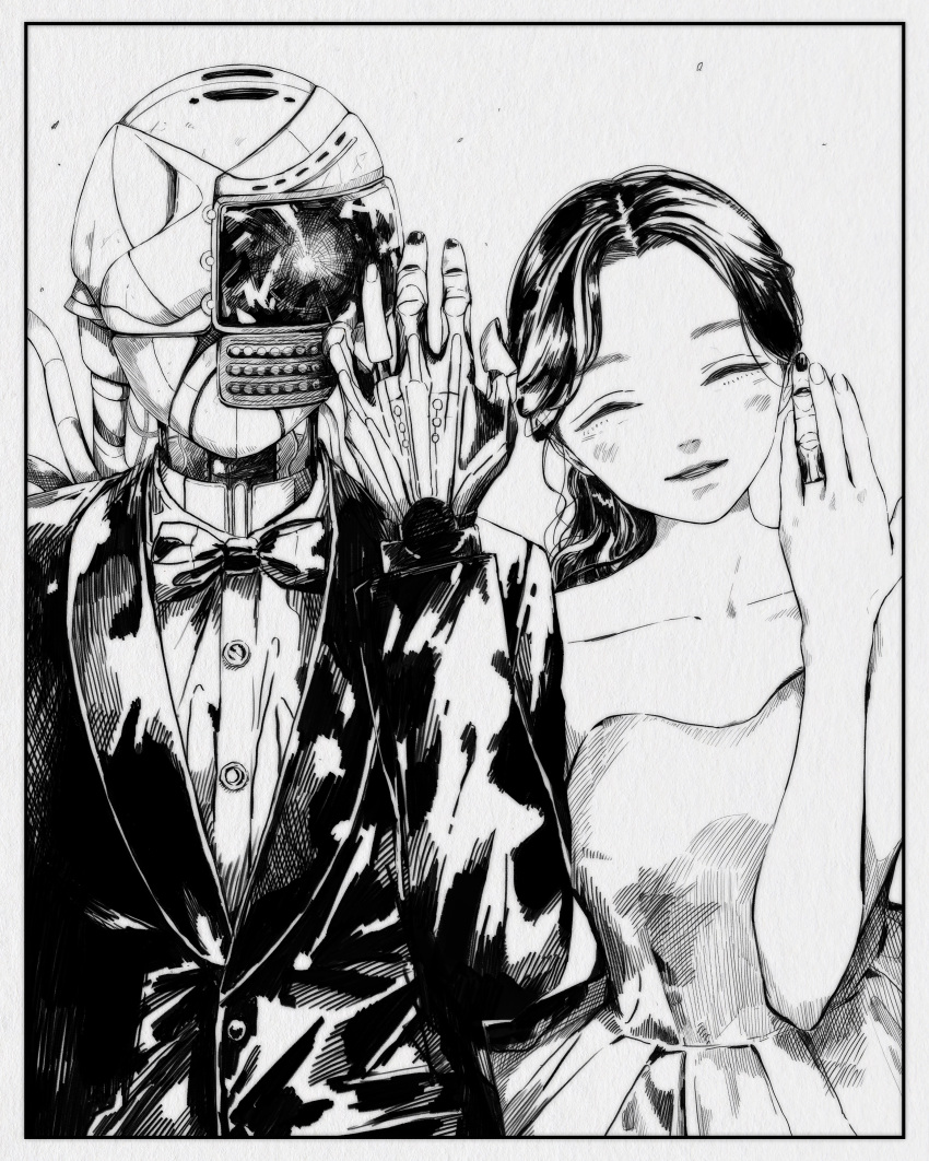 1boy 1girl absurdres android araki_rakka bare_shoulders black_bow black_bowtie black_hair black_jacket body_part_swap border bow bowtie closed_eyes dress greyscale hand_up highres jacket long_hair monochrome original shirt strapless strapless_dress white_border white_dress white_shirt