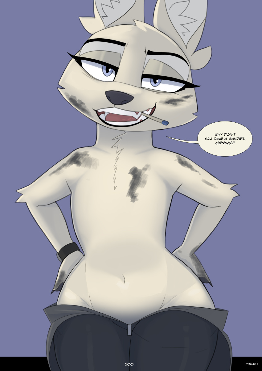 2018 absurd_res anthro arctic_fox arm_tuft bedroom_eyes biped black_nose blue_eyes canid canine claws clock clothed clothing dialogue dirty disney elbow_tuft english_text featureless_chest female flat_chested fox fur half-closed_eyes hands_on_hips head_tuft hi_res inner_ear_fluff looking_at_viewer mammal match mostly_nude mouth_hold narrowed_eyes open_mouth open_smile seductive skye_(zootopia) smile solo speech_bubble text topless tuft watch white_body white_fur wide_hips wristwatch yitexity zootopia