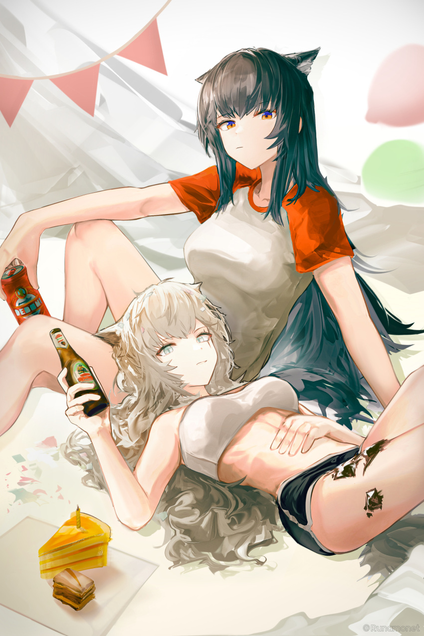 2girls animal_ears arknights black_hair black_shorts blue_eyes bottle breasts cake cake_slice can extra_ears food grey_hair highres holding holding_bottle holding_can lap_pillow lappland_(arknights) long_hair looking_at_viewer lying medium_breasts midriff multiple_girls on_back orange_eyes oripathy_lesion_(arknights) runamonet shirt short_shorts short_sleeves shorts sidelocks sitting strapless string_of_flags t-shirt tail texas_(arknights) tube_top white_shirt white_tube_top wolf_ears wolf_girl wolf_tail
