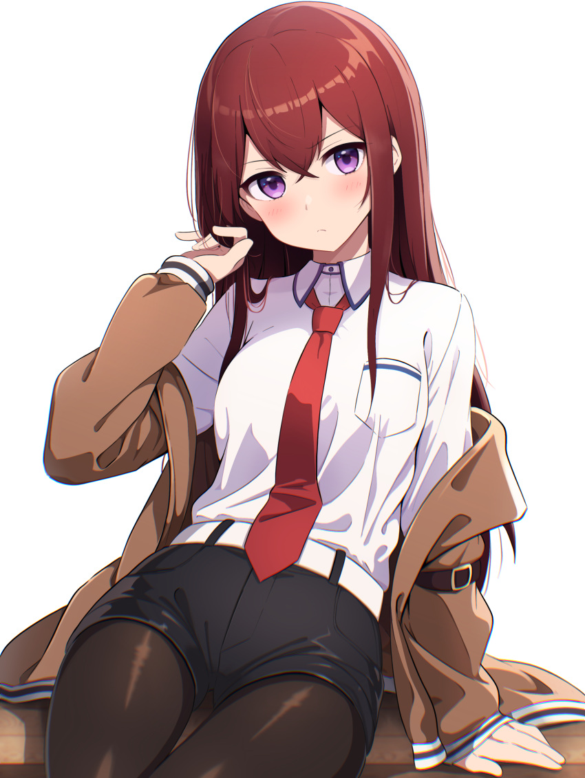 1girl absurdres arm_support belt black_pantyhose black_shorts blush brown_hair brown_jacket collared_shirt commentary_request cowboy_shot expressionless gyorui_(katsuwo_drawing) highres jacket long_hair looking_at_viewer makise_kurisu necktie off_shoulder open_clothes open_jacket pantyhose pantyhose_under_shorts purple_eyes red_necktie shirt short_shorts shorts simple_background sitting solo steins;gate thigh_gap white_background white_shirt