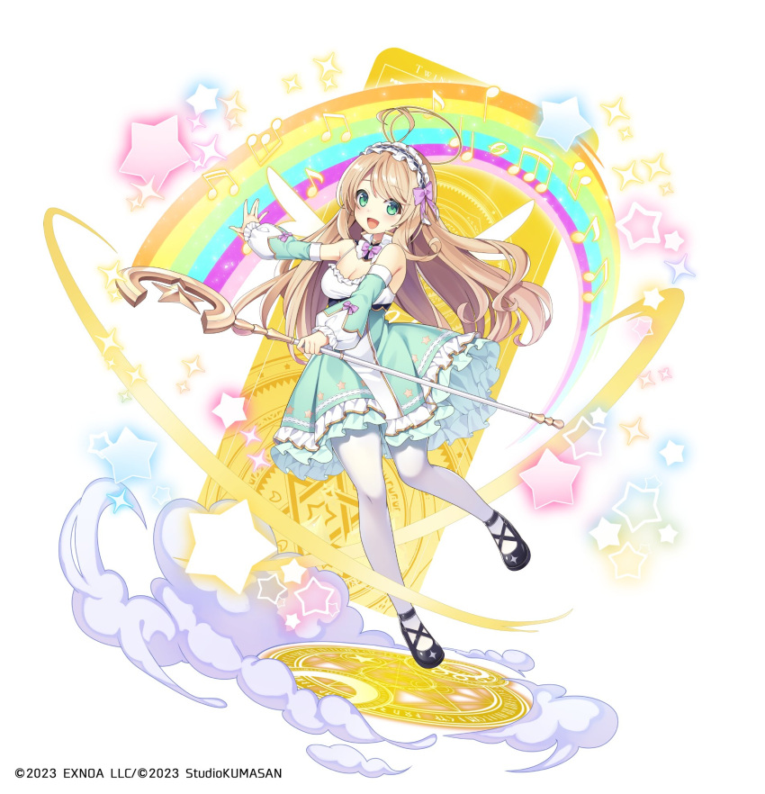 1girl ahoge angel_wings azma_(mitch55) brown_hair character_request detached_collar detached_sleeves dress frilled_dress frills full_body green_eyes hair_ribbon hairband halo highres holding holding_staff long_hair magic_circle official_art pantyhose rainbow ribbon smoke sparkle staff star_(symbol) twinkle_star_knights white_pantyhose wings