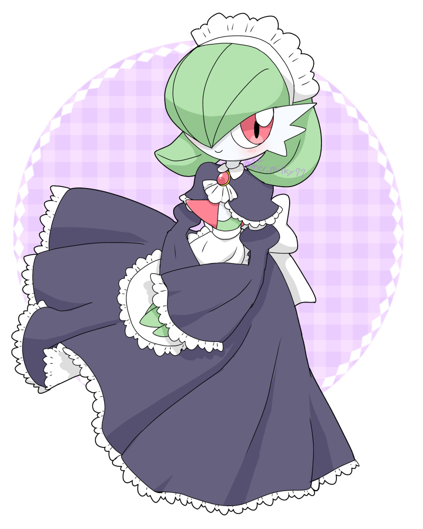 1girl absurdres apron artist_name ascot black_capelet black_skirt black_sleeves blush bob_cut brooch capelet closed_mouth clothed_pokemon colored_skin commentary_request detached_sleeves flat_chest frilled_apron frilled_skirt frilled_sleeves frills full_body gardevoir gem green_hair green_skin hair_over_one_eye happy highres jewelry juliet_sleeves long_skirt long_sleeves looking_at_viewer maid maid_headdress meru_(mer_milky77) multicolored_skin one_eye_covered own_hands_together plaid plaid_background pokemon pokemon_(creature) puffy_sleeves purple_background red_eyes red_gemstone short_hair signature skirt smile solo standing twitter_username two-tone_skin waist_apron white_apron white_ascot white_skin