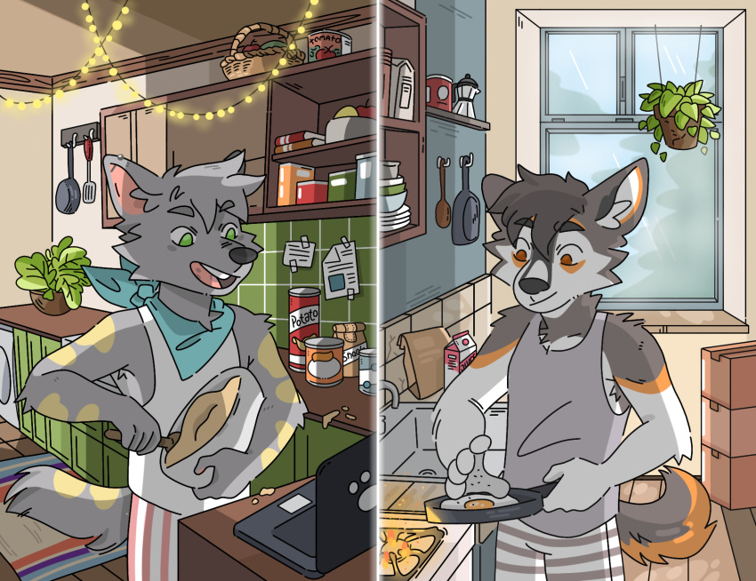 anthro baking canid canine canis clothed clothing cooking couple curlyshep detailed_background digital_media_(artwork) dinner_date domestic_dog duo egg food german_shepherd hair herding_dog hi_res husky leon_barbarosa long_distance lou_(thewolf) male male/male mammal mixed_breed nordic_sled_dog pastoral_dog romantic shepsky smile spitz wolf