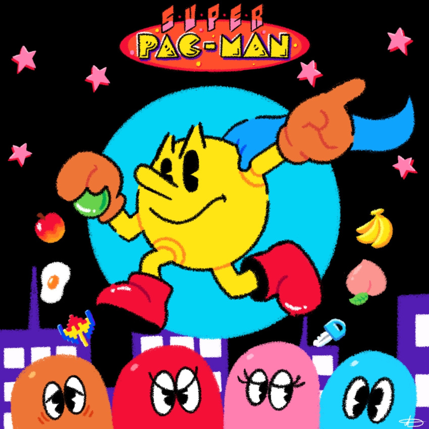 1girl 4boys apple banana black_background blinky boots city clyde_(pac-man) copyright_name egg eyelashes food fruit full_body ghost gloves half-closed_eyes hand_on_another's_shoulder highres inky_(pac-man) jradical2014 multiple_boys namco orange_gloves pac-man pac-man_(game) peach pinky_(pacman) red_footwear running star_(symbol) v-shaped_eyes wavy_mouth wrinkled_skin