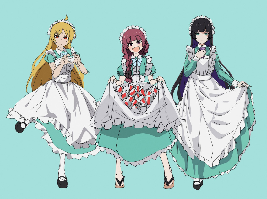 3girls :d absurdres ahoge alcohol_carton alternate_costume apron aqua_dress aqua_eyes black_bow black_hair blonde_hair blue_background blue_dress blunt_bangs bocchi_the_rock! bow bowtie braid brown_eyes closed_mouth collared_dress colored_inner_hair commentary detached_ahoge dress fang frilled_apron frills full_body geta goumonsha hair_over_shoulder heart heart_hands highres hime_cut hiroi_kikuri holding holding_phone ijichi_seika long_dress long_hair long_sleeves looking_at_viewer maid_apron maid_headdress multicolored_hair multiple_girls pa-san pantyhose parted_bangs phone puffy_short_sleeves puffy_sleeves purple_eyes purple_hair red_eyes short_sleeves simple_background single_braid sketch skin_fang skirt_basket skirt_hold smile standing standing_on_one_leg sweatdrop very_long_hair white_apron white_pantyhose