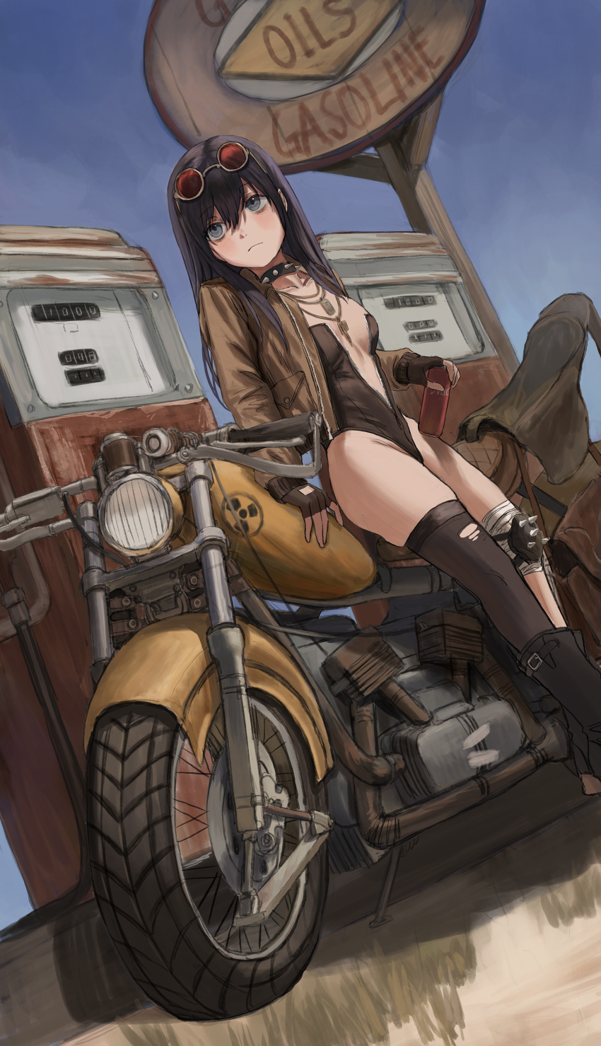 1girl absurdres bandaged_leg bandages black_hair black_leotard blue_sky breasts brown_jacket can day eyewear_on_head fingerless_gloves gas_pump gas_station gloves gold_can grey_eyes ground_vehicle highres holding holding_can jacket jewelry knee_pads leotard light_frown long_hair motor_vehicle motorcycle necklace original outdoors partially_unzipped round_eyewear single_knee_pad single_thighhigh sitting sky small_breasts soda_can solo spikes sunglasses thighhighs