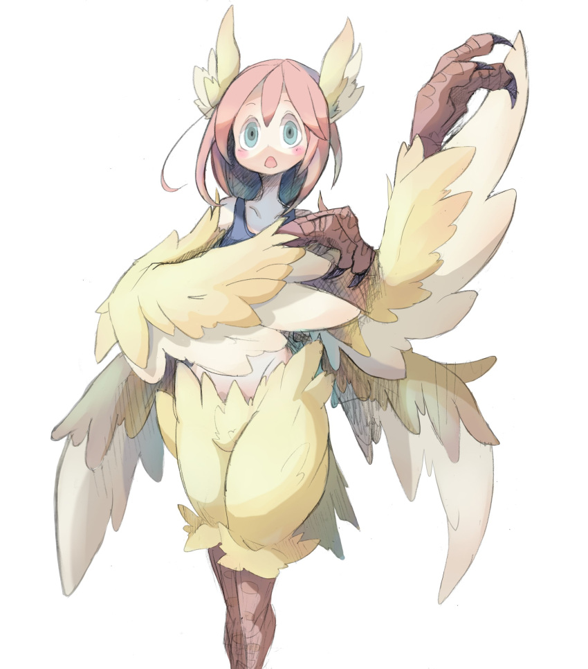 1girl 4138 absurdres blue_eyes blush claws commentary_request digitigrade feather_hair feathered_wings feathers harpy head_wings highres monster_girl open_mouth original pink_hair short_hair simple_background solo surprised tank_top white_background winged_arms wings yellow_feathers