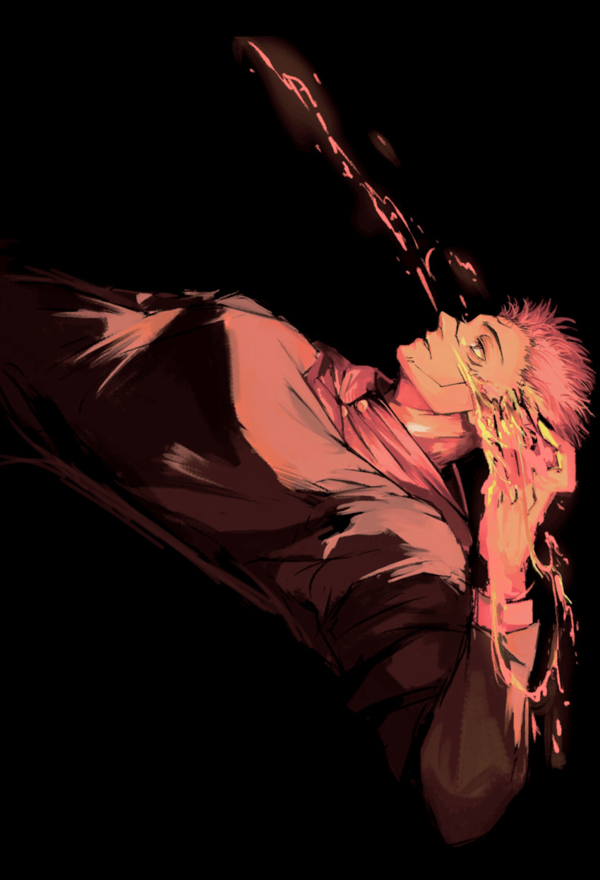 1boy absurdres arm_up black_background black_jacket black_nails cowboy_shot facial_tattoo fingernails fire highres hood hood_down hoodie itadori_yuuji jacket jujutsu_kaisen jujutsu_tech_uniform long_sleeves male_focus parted_lips pink_hair profile red_hoodie ryoumen_sukuna_(jujutsu_kaisen) school_uniform sharp_fingernails short_hair sideways simple_background solo standing tattoo uniki_niki_niki