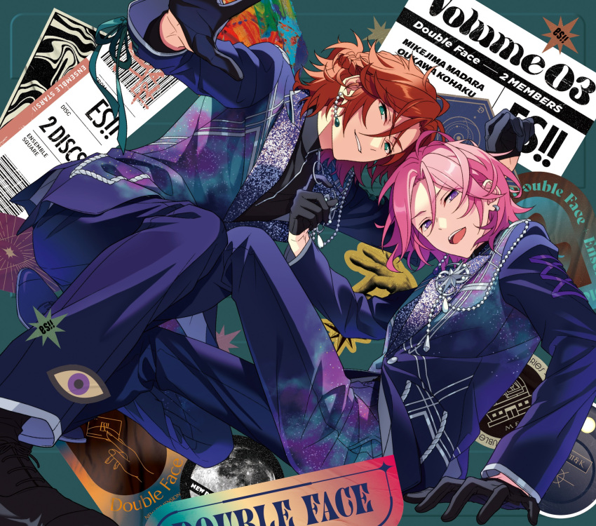 2boys black_gloves braid brown_hair commentary_request double_face_(ensemble_stars!) earrings ensemble_stars! gloves green_eyes happy_elements highres jewelry long_sleeves looking_at_viewer male_focus mikejima_madara multiple_boys official_art open_mouth oukawa_kohaku pink_eyes purple_eyes short_hair smile teeth upper_teeth_only