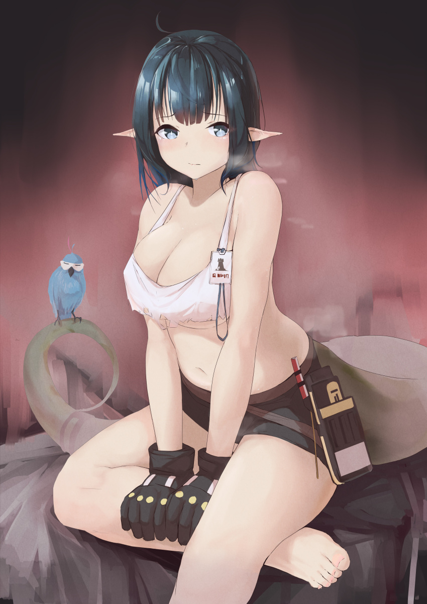 1girl absurdres ahoge arknights bare_arms bare_legs bare_shoulders barefoot belt bird black_gloves black_hair blue_bird blue_eyes breasts bright_pupils brown_belt brown_shorts cleavage closed_mouth crop_top eunectes_(arknights) foot_out_of_frame furrowed_brow gloves hair_between_eyes hands_on_own_leg highres large_breasts light_blush looking_at_viewer medium_hair midriff navel painnico pointy_ears short_shorts shorts sitting snake_tail solo steam sweat tail tank_top toes underboob white_pupils white_tank_top