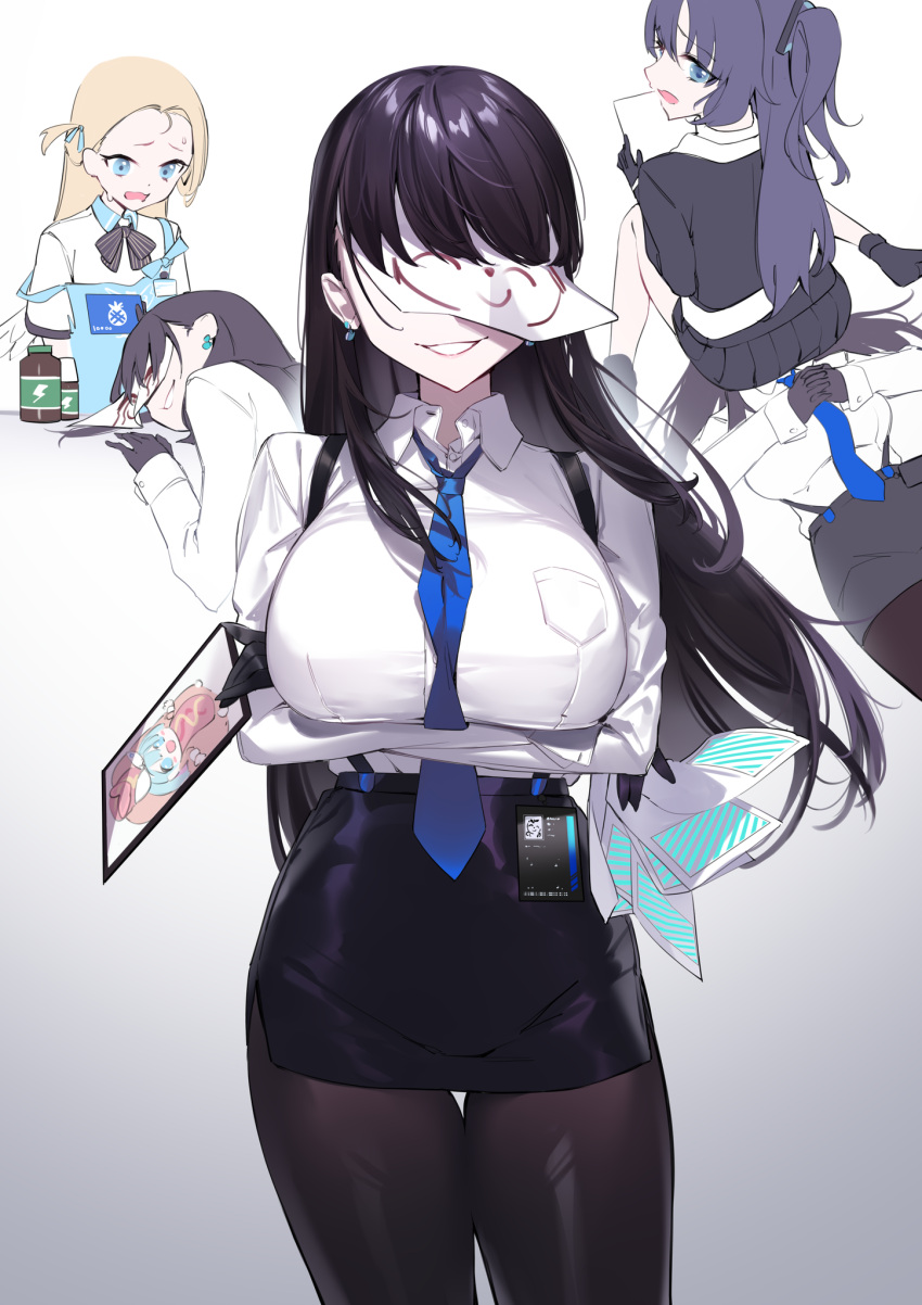 3girls arm_under_breasts arona's_sensei_doodle_(blue_archive) arona_(blue_archive) black_gloves black_hair black_pantyhose black_skirt blue_archive blue_necktie breast_hold breast_pocket breasts collared_shirt cowboy_shot crossed_arms dress_shirt earrings faceless faceless_female facing_viewer female_pervert female_sensei_(blue_archive) gloves gradient_background high-waist_skirt highres holding holding_paper holding_tablet_pc hot_dog id_card jewelry large_breasts long_hair long_sleeves miniskirt multiple_girls multiple_views necktie pantyhose paper paper_on_head pencil_skirt pervert pocket sensei_(blue_archive) shirt shirt_tucked_in simple_background sitting_on_face skirt smile sora_(blue_archive) suspender_skirt suspenders tablet_pc tented_shirt white_background white_shirt yaguo yuuka_(blue_archive)