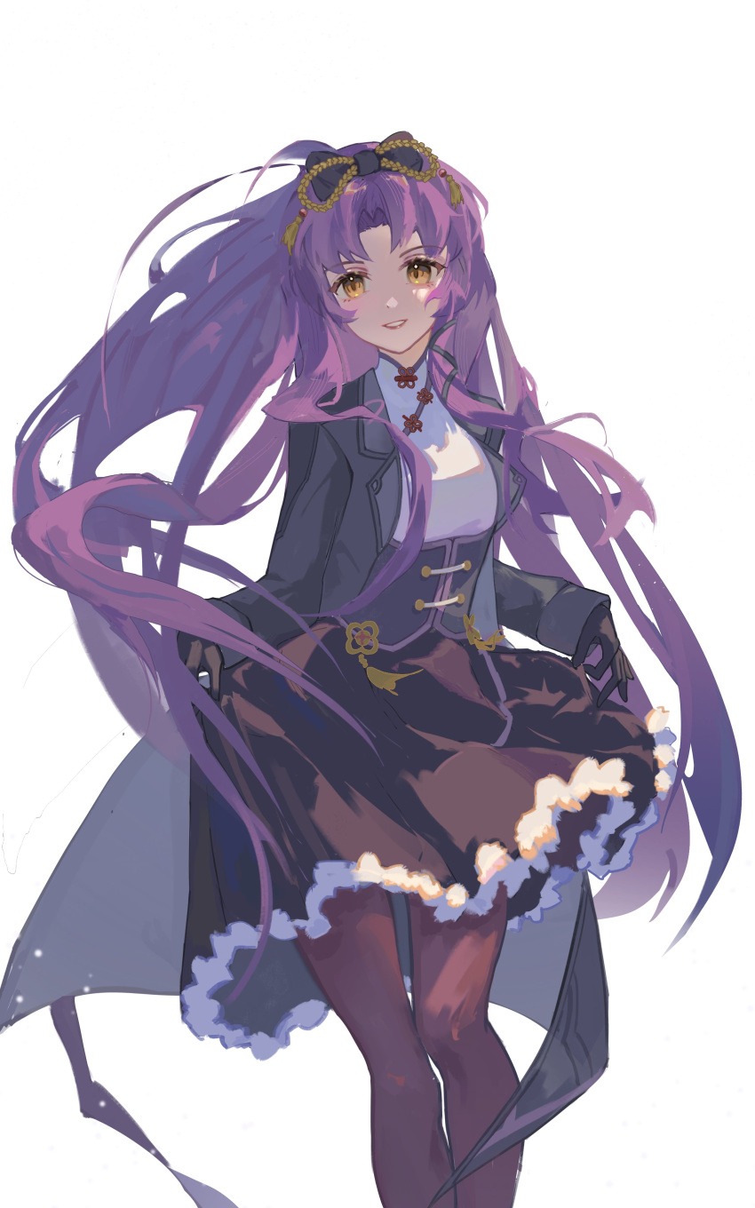 1girl absurdres black_gloves bow china_dress chinese_clothes curtained_hair dress eiyuu_densetsu gloves hair_bow highres holding holding_clothes holding_dress kuro_no_kiseki kuro_no_kiseki_ii lipstick long_hair looking_at_viewer makeup purple_hair sidelocks simple_background smile solo thighhighs very_long_hair white_background yazawa_yuki yellow_eyes
