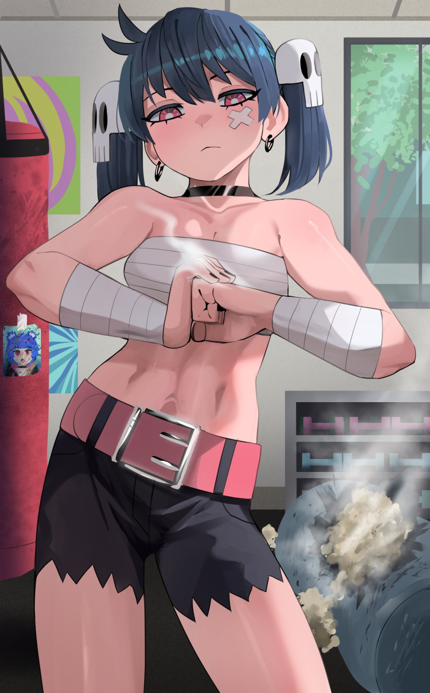 1girl :&lt; bandaged_arm bandages bandaid bandaid_on_cheek bandaid_on_face belt belt_buckle black_choker black_nails black_shorts blue_hair breasts bright_pupils buckle chest_sarashi choker commentary contrapposto cowboy_shot crossed_bandaids earrings english_commentary fingernails fist_in_hand gris_(vertigris) gym hair_ornament highres indoors jewelry ji-yoon_(jourd4n) jourd4n looking_at_viewer nail_polish no_jacket original photo_(object) pink_belt pink_eyes punching_bag sarashi shorts skull_hair_ornament small_breasts solo standing toned twintails white_pupils window