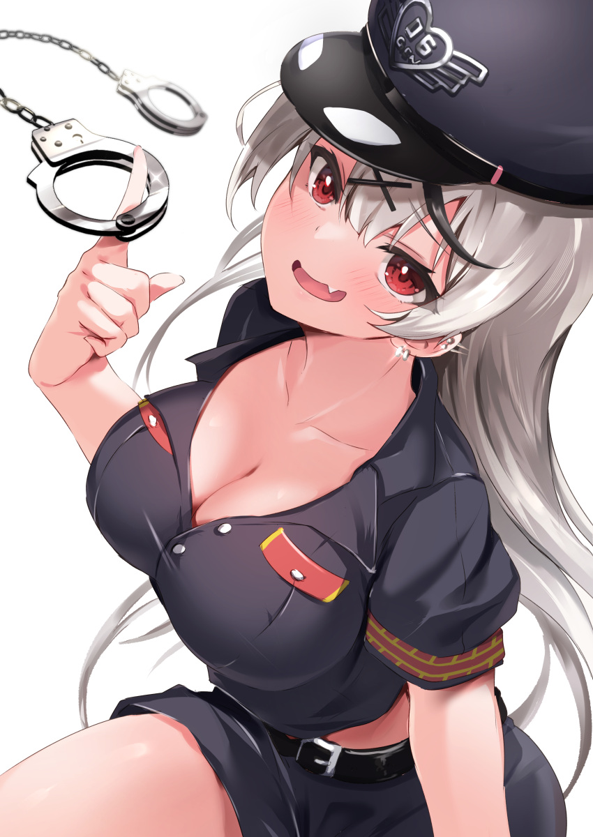 1girl absurdres akazawa_kureha belt black_belt black_shirt blush breasts cleavage collarbone cuffs ear_piercing fang handcuffs highres hololive large_breasts long_hair looking_at_viewer open_mouth piercing police police_uniform policewoman red_eyes sakamata_chloe shirt short_sleeves simple_background smile solo uniform virtual_youtuber white_background
