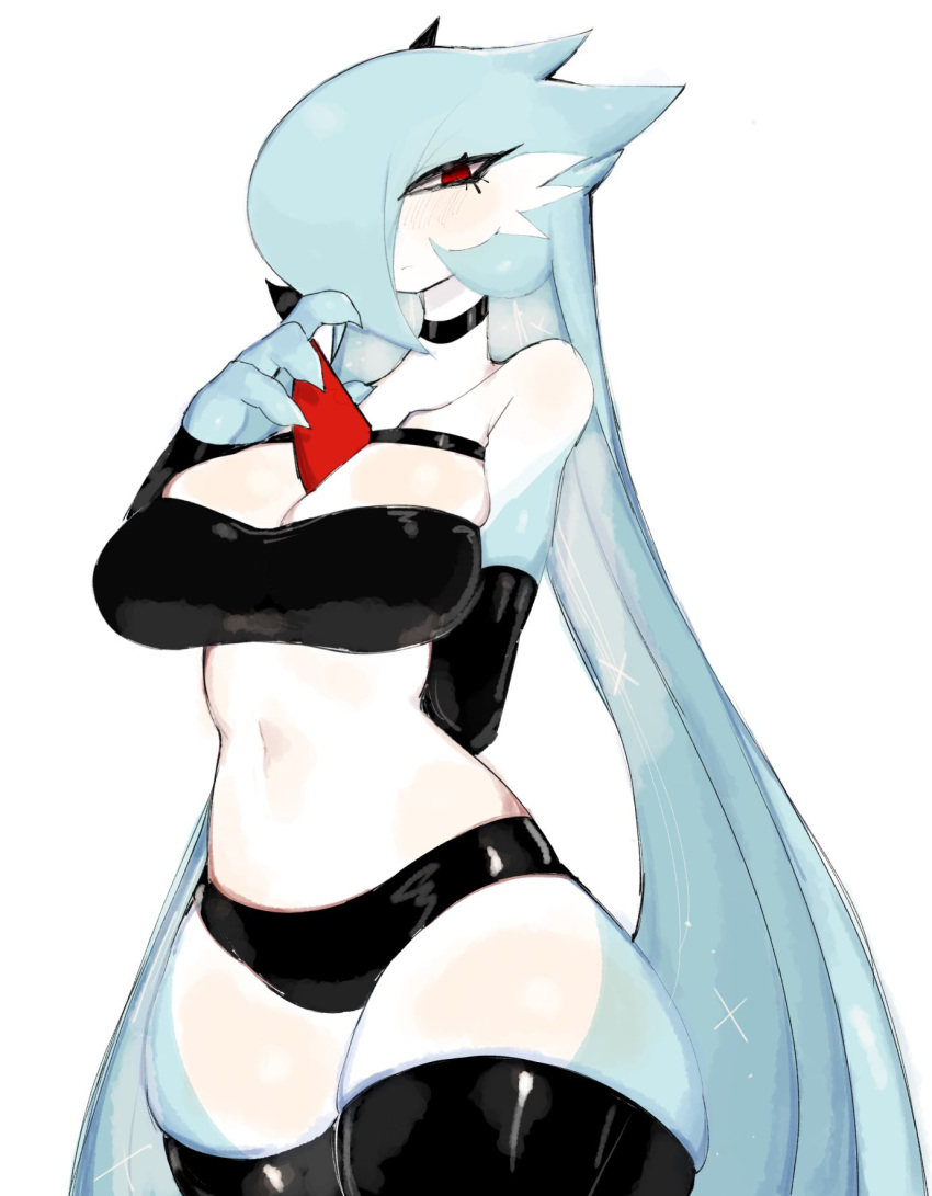 anthro armwear blue_hair bra clothed clothing female gardevoir generation_3_pokemon hair hi_res legwear looking_at_viewer nintendo panties pokemon pokemon_(species) red_eyes rubber rubber_clothing shiny_pokemon simple_background solo underwear usa37107692 white_body