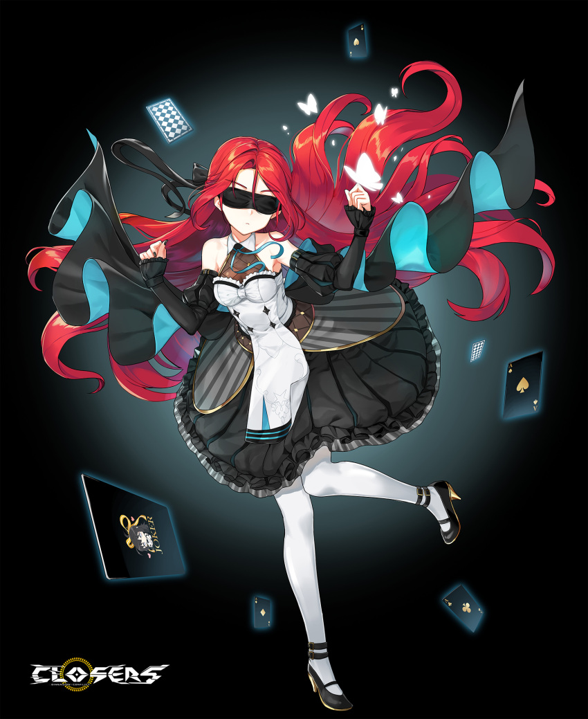 1girl ace_(playing_card) ace_of_clubs ace_of_diamonds ace_of_hearts ace_of_spades anklet aqua_background back_bow bare_shoulders black_background black_blindfold black_bow black_dress black_footwear black_nails black_sleeves blindfold blue_ribbon bow breasts card clenched_hands closed_mouth closers club_(shape) collared_dress copyright_name covered_eyes detached_sleeves diamond_(shape) dress expressionless facing_viewer floating_hair frilled_dress frills full_body gradient_background hair_bow hands_up head_tilt heart high_heels highres jewelry joker_(playing_card) juliet_sleeves leg_up logo long_hair long_sleeves mary_janes neck_ribbon official_art pantyhose parted_bangs playing_card puffy_sleeves red_hair ribbon seth_(closers) shoes sleeveless sleeveless_dress sleeves_past_wrists small_breasts solo spade_(shape) standing standing_on_one_leg tachi-e two-tone_dress very_long_hair white_dress white_pantyhose zettai_ryouiki