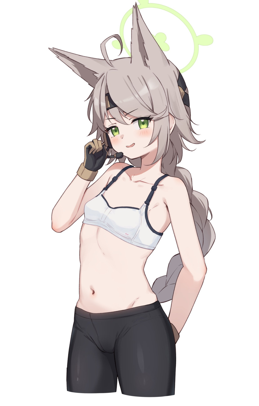 1girl absurdres ahoge animal_ears black_pantyhose blue_archive blush bra braid collarbone cropped_legs earpiece flat_chest fox_ears gloves green_eyes green_halo grey_hair halo highres long_hair miso_(misomiso_154) navel open_mouth otogi_(blue_archive) pantyhose simple_background single_braid smile solo underwear white_background white_bra