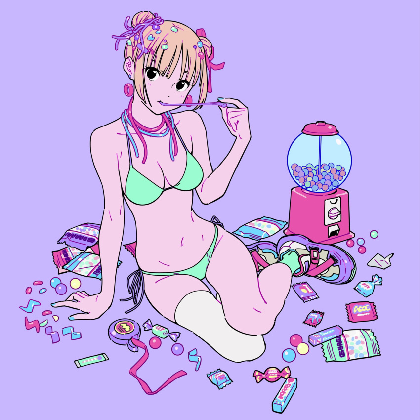 1girl aqua_bikini aqua_nails aqua_socks bikini black_eyes blonde_hair candy candy_wrapper chewing_gum double_bun eating food gumball gumball_machine hair_bun hair_ribbon high_contrast highres jelly_bean looking_at_viewer original panties pink_ribbon purple_background purple_ribbon ribbon short_hair side-tie_panties sidelocks simple_background single_thighhigh sitting snack socks solo sweets swimsuit tarou2 thighhighs too_many underwear white_thighhighs yokozuwari