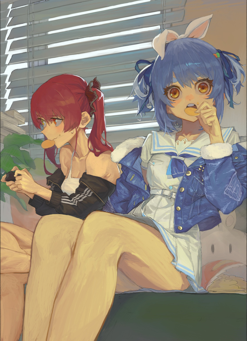 2girls absurdres animal_ears armpit_crease bare_legs bare_shoulders barefoot belt black_jacket blinds blue_hair blue_neckerchief blue_ribbon blush breasts chamchamshia chips_(food) collarbone controller denim denim_jacket eating fake_animal_ears feet_out_of_frame food fur-trimmed_jacket fur_trim game_controller hair_ribbon hand_up heterochromia high-waist_skirt highres holding hololive houshou_marine indoors jacket long_sleeves looking_at_viewer looking_to_the_side mouth_hold multiple_girls neckerchief off_shoulder official_alternate_costume open_clothes open_jacket orange_eyes parted_bangs plant pleated_skirt potato_chips potted_plant rabbit_ears red_eyes red_ribbon ribbon school_uniform sitting skirt soles sweatdrop tank_top teeth tied_ears twintails two_side_up upper_teeth_only usada_pekora usada_pekora_(4th_costume) virtual_youtuber white_belt white_tank_top window yellow_eyes