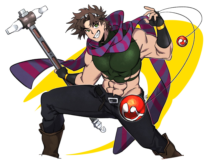 1boy abs battle_tendency bola_(weapon) boots brown_hair carota327 crop_top fangs fingerless_gloves gloves green_eyes green_scarf grin hammer jojo_no_kimyou_na_bouken joseph_joestar joseph_joestar_(young) male_focus midriff multicolored_clothes multicolored_scarf muscular muscular_male scarf sledgehammer sleeveless_turtleneck_crop_top smile solo striped striped_scarf vertical-striped_scarf vertical_stripes yellow_scarf