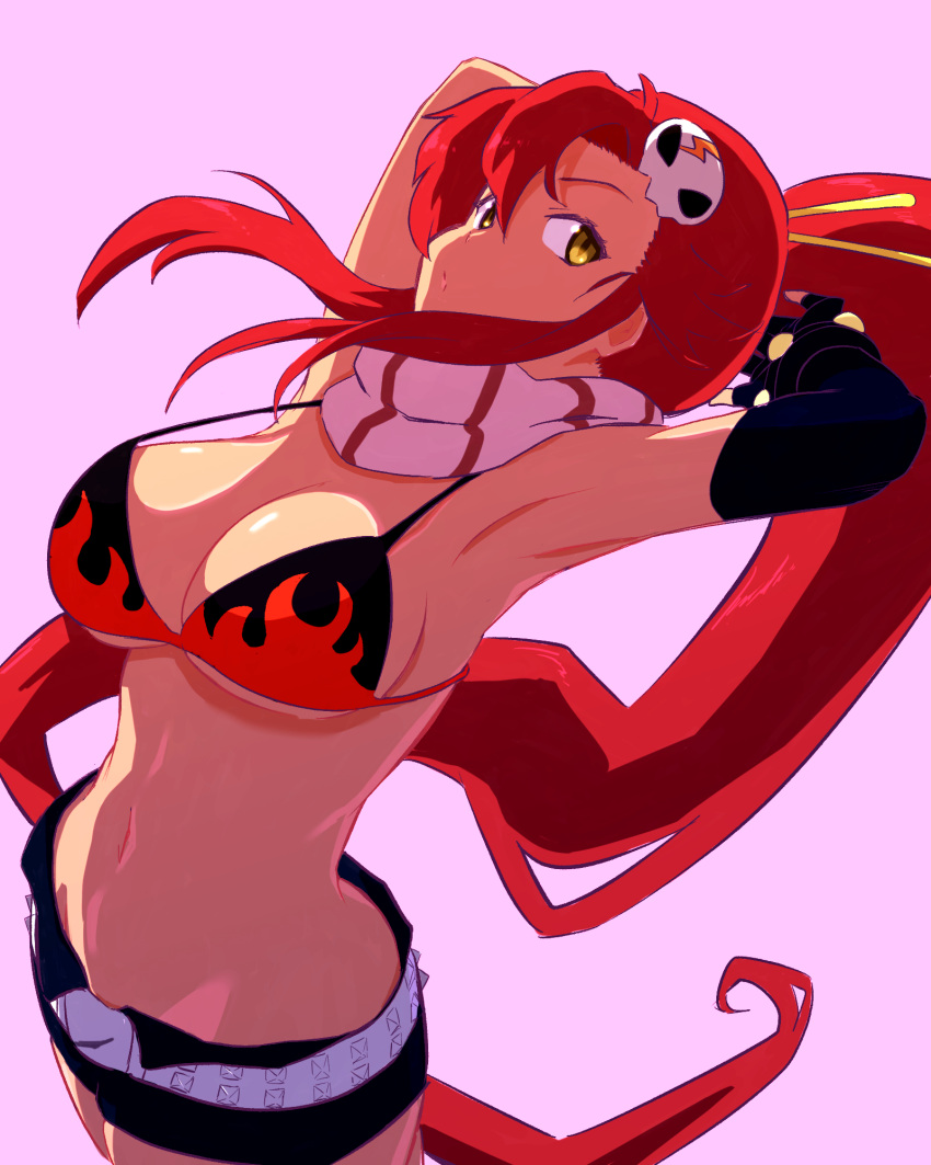 1girl armpits arms_behind_head belt bikini bikini_top_only breasts cleavage_cutout clothing_cutout commentary_request cowboy_shot elbow_gloves flame_print gloves hair_ornament hair_stick high_ponytail highres large_breasts long_hair looking_at_viewer navel pink_background pink_hair red_hair scarf short_shorts shorts sidelocks simple_background single_elbow_glove single_glove skull_hair_ornament solo striped striped_scarf studded_belt studded_bracelet swimsuit tengen_toppa_gurren_lagann underboob very_long_hair yellow_eyes yoko_littner yuenibushi