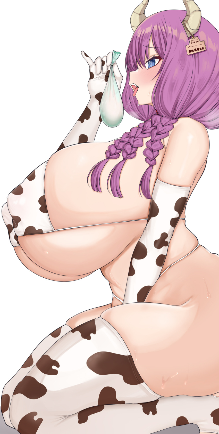 1girl @_@ animal_print aura_(sousou_no_frieren) bikini blue_eyes blush braid breasts chomikuplus condom cow_print cow_print_bikini cow_print_thighhighs demon_girl demon_horns elbow_gloves gloves highres horns huge_breasts implied_masturbation print_bikini print_thighhighs purple_hair skindentation solo sousou_no_frieren sweat swimsuit thighhighs used_condom