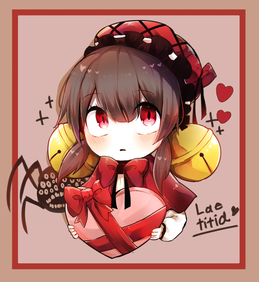 1girl absurdres bell brown_hair capelet commentary_request frilled_hat frills hair_bell hair_ornament hat heart highres holding holding_heart laetitia_(lobotomy_corporation) lobotomy_corporation long_sleeves neck_ribbon no_nose noyu_(noyu23386566) pale_skin parted_lips project_moon red_capelet red_eyes red_ribbon ribbon shirt solo white_shirt