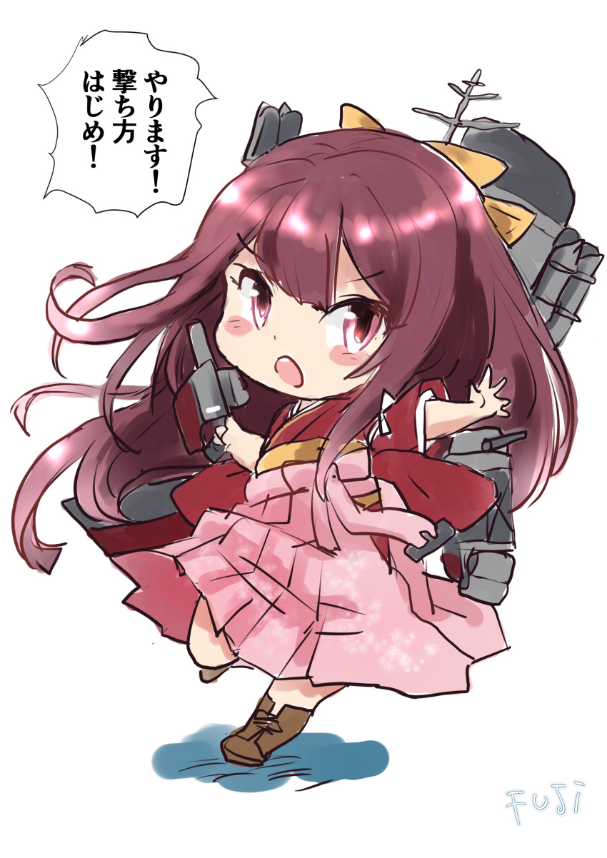 1girl adapted_turret blush_stickers boots bow cannon chibi commentary_request cross-laced_footwear fuji_(pixiv24804665) hair_bow hakama hakama_skirt highres japanese_clothes kamikaze_(kancolle) kantai_collection kimono lace-up_boots long_hair meiji_schoolgirl_uniform one-hour_drawing_challenge open_mouth pink_hakama purple_eyes purple_hair red_kimono simple_background skirt solo standing tasuki translation_request turret white_background yellow_bow