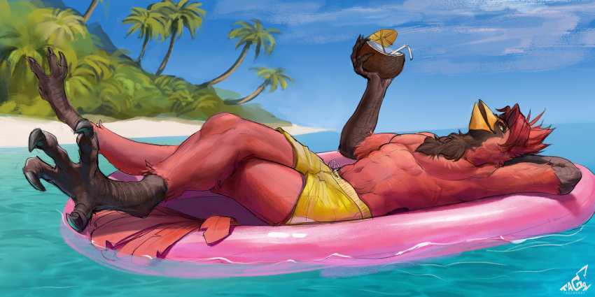 2023 4_toes abs anthro avian beach beak beverage biped bird cardinal_(bird) claws clothing feathers feet finger_claws fur hair hand_behind_head hi_res holding_beverage holding_object looking_up lying male on_back oscine outside passerine phnod red_body sea seaside signature solo swimming_trunks swimwear tagonkrat tail toe_claws toes water