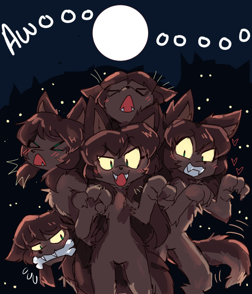 anthro averi_(fiddleafox) awoo bone brown_body brown_fur canid canine female female_anthro fiddleafox fur green_eyes group hair hi_res mammal markings moon onomatopoeia sound_effects tail teeth text were werecanid werecanine werewolf