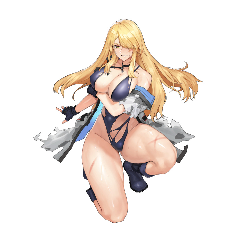 1girl angry arm_under_breasts black_choker blonde_hair blue_footwear blue_gloves blue_one-piece_swimsuit boots breasts camouflage camouflage_jacket choker cleavage clenched_teeth collarbone defeat fingerless_gloves full_body game_cg gloves hair_over_one_eye hand_on_own_arm high_heel_boots high_heels highleg highleg_swimsuit highres indomitable_marie injury jacket large_breasts last_origin long_hair looking_at_viewer military_jacket multi-strapped_swimsuit official_alternate_costume official_art on_one_knee one-piece_swimsuit open_clothes open_jacket open_mouth rubber_boots sidelocks simple_background skindentation solo sweat swimsuit swimsuit_under_clothes tachi-e teeth thick_thighs thighs torn_clothes torn_jacket torn_straps torn_swimsuit transparent_background tunamayo_(dsasd751) white_jacket yellow_eyes