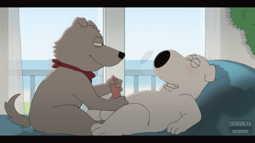 16:9 animated anthro balls biped brian_griffin canid canine canis domestic_dog duo erection eyes_closed family_guy fur genitals grey_body grey_fur handjob hi_res letodoesart lying male male/male mammal on_back penile penis sex short_playtime white_body white_fur widescreen