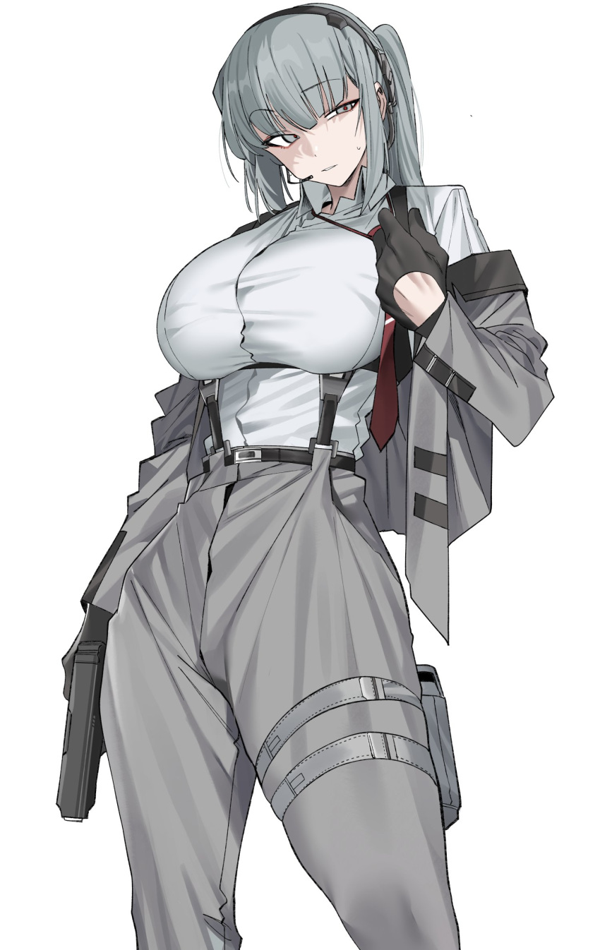 1girl adjusting_clothes adjusting_necktie black_gloves breasts collared_shirt gloves grey_hair gun headset highres jacket jacket_partially_removed large_breasts necktie original pants ponytail shirt solo suspenders taut_clothes taut_shirt urec weapon white_background white_shirt