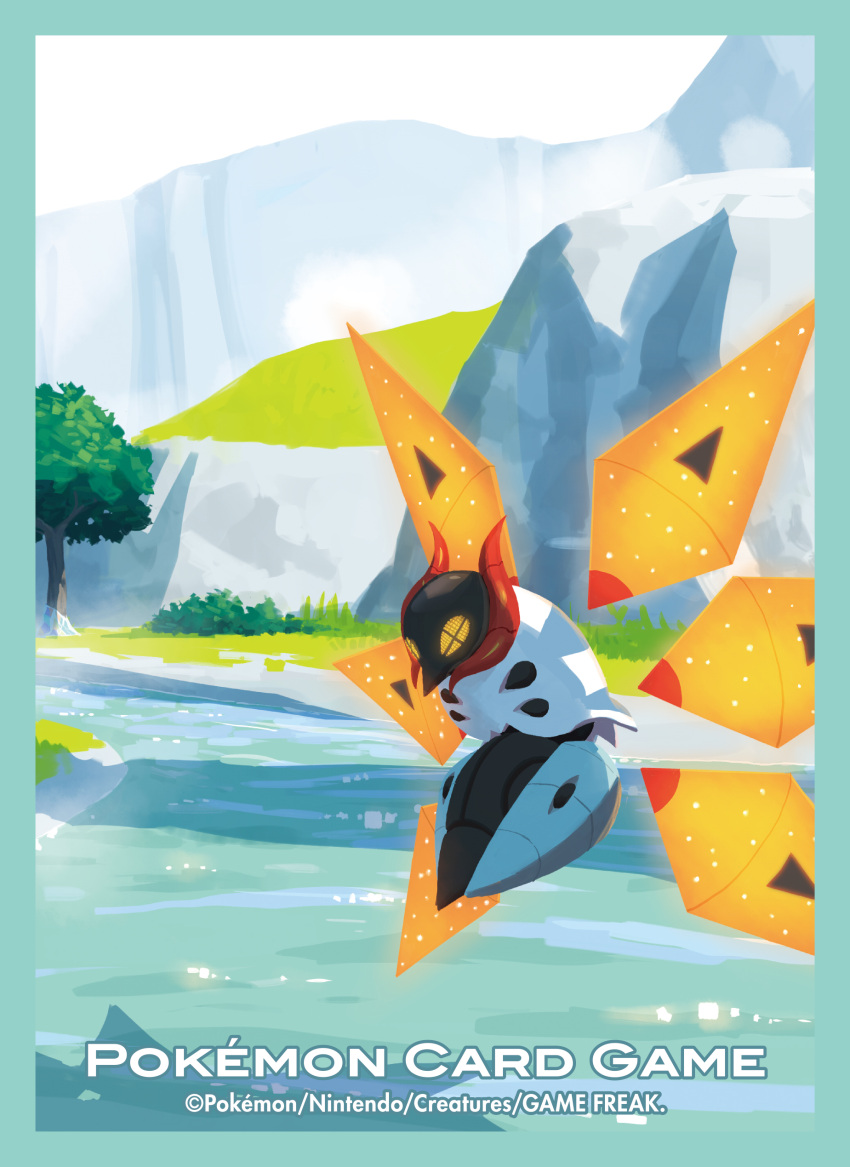 +_+ absurdres border commentary_request copyright_name day floating grass green_border highres iron_moth no_humans official_art orange_eyes outdoors pokemon pokemon_(creature) river solo tree water watermark