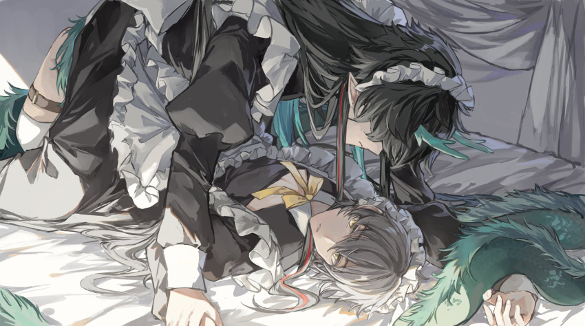 2boys black_hair caelus_(honkai:_star_rail) dan_heng_(honkai:_star_rail) dan_heng_(imbibitor_lunae)_(honkai:_star_rail) dragon_boy dragon_horns dragon_tail fuyu_(xiaodongd2333) grey_hair highres holding_hands honkai:_star_rail honkai_(series) horns long_hair long_sleeves maid maid_headdress male_focus multiple_boys official_alternate_hair_length official_alternate_hairstyle pointy_ears tail trailblazer_(honkai:_star_rail) yaoi yellow_eyes