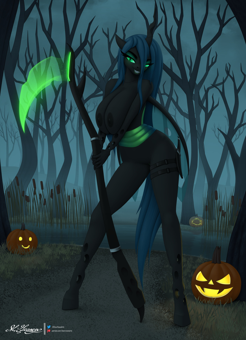 absurd_res anthro arthropod blue_hair changeling changeling_queen clearvision clothed clothing equid equine female food friendship_is_magic fruit glowing glowing_eyes green_eyes green_lips hair halloween hasbro hi_res holding_object holidays horn horse insect_wings jack-o'-lantern lips lipstick looking_at_viewer makeup mammal melee_weapon my_little_pony plant polearm pony pumpkin queen_chrysalis_(mlp) scythe smile solo swamp text url weapon wings