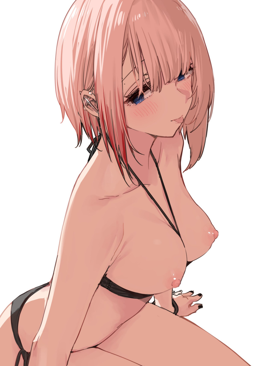 1girl absurdres arm_support bare_shoulders bikini black_bikini black_nails black_wristband blue_eyes blush breasts cleavage closed_mouth collarbone colored_tips commentary_request cross ear_piercing fingernails goshiki_suzu hair_over_one_eye highres large_breasts leaning_forward lips looking_to_the_side medium_hair multicolored_hair nail_polish nipples original piercing pink_hair red_hair side-tie_bikini_bottom simple_background sitting sling_bikini_top solo stomach streaked_hair swimsuit thighs two-tone_hair white_background