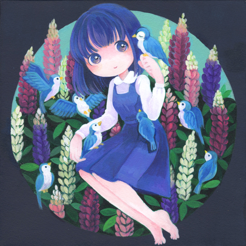 1girl aki_tarou animal animal_request barefoot bird bird_request blue_bird blue_eyes blue_flower blue_hair bob_cut border circular_border collared_shirt dress flower grey_border invisible_chair long_sleeves lupinus_(flower) medium_dress medium_hair no_nose original outside_border pinafore_dress pink_flower purple_flower shirt sitting sleeveless sleeveless_dress smile solo white_flower white_shirt