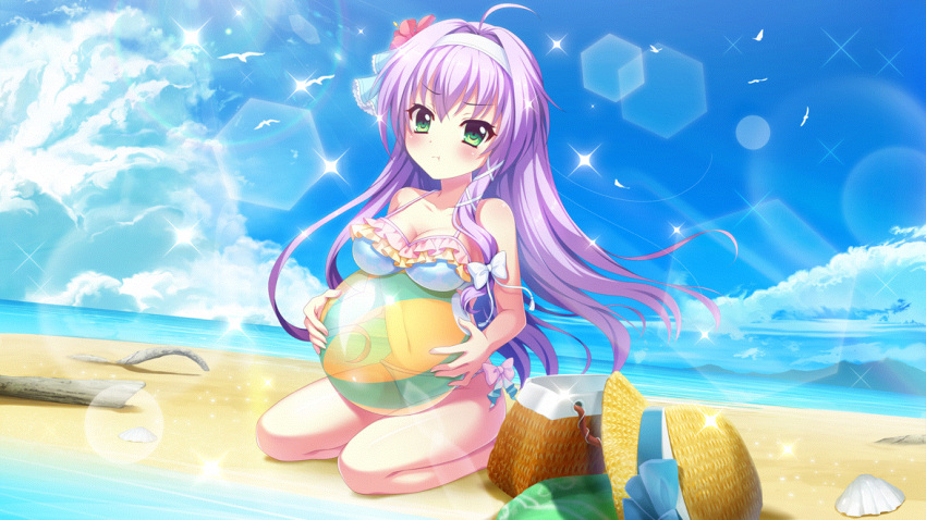 1girl :t ahoge ball beach beachball bikini bird blue_bikini blue_bow blue_hairband blue_ribbon blue_sky bow branch breast_rest breasts brown_bag cleavage cloud collarbone day dot_nose dutch_angle film_grain flower frilled_bikini frills game_cg green_eyes green_towel hair_bow hair_flower hair_ornament hair_ribbon hairband hat hat_ribbon hibiscus hokaze_kanade holding holding_ball holding_beachball izumi_tsubasu large_breasts lens_flare long_hair looking_at_viewer mountainous_horizon navel non-circular_lens_flare non-web_source ocean official_art outdoors pink_bow pink_flower pink_trim pout purple_hair re:stage! ribbon seagull seashell seiza shell side-tie_bikini_bottom sitting sky solo sparkle straw_hat sunlight swimsuit unworn_hat unworn_headwear yellow_trim