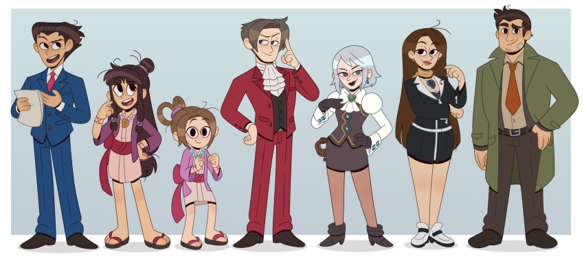 3boys 4girls absurdres ace_attorney ascot bandaid bandaid_on_face black_gloves blue_suit brown_footwear brown_hair brown_pants coat dick_gumshoe earrings franziska_von_karma full_body geta gloves green_coat hair_rings hanten_(clothes) highres jacket japanese_clothes jewelry kimono long_hair long_sleeves magatama maya_fey mia_fey miles_edgeworth mole mole_under_mouth multiple_boys multiple_girls necklace necktie obi official_style pants pantyhose paula_peroff pearl_fey pencil_behind_ear phoenix_wright pink_kimono red_jacket red_necktie red_pants red_sash sash scarf short_hair short_kimono sidelocks skirt skirt_suit spiked_hair standing suit the_ghost_and_molly_mcgee toon_(style) whip white_footwear white_hair yellow_scarf