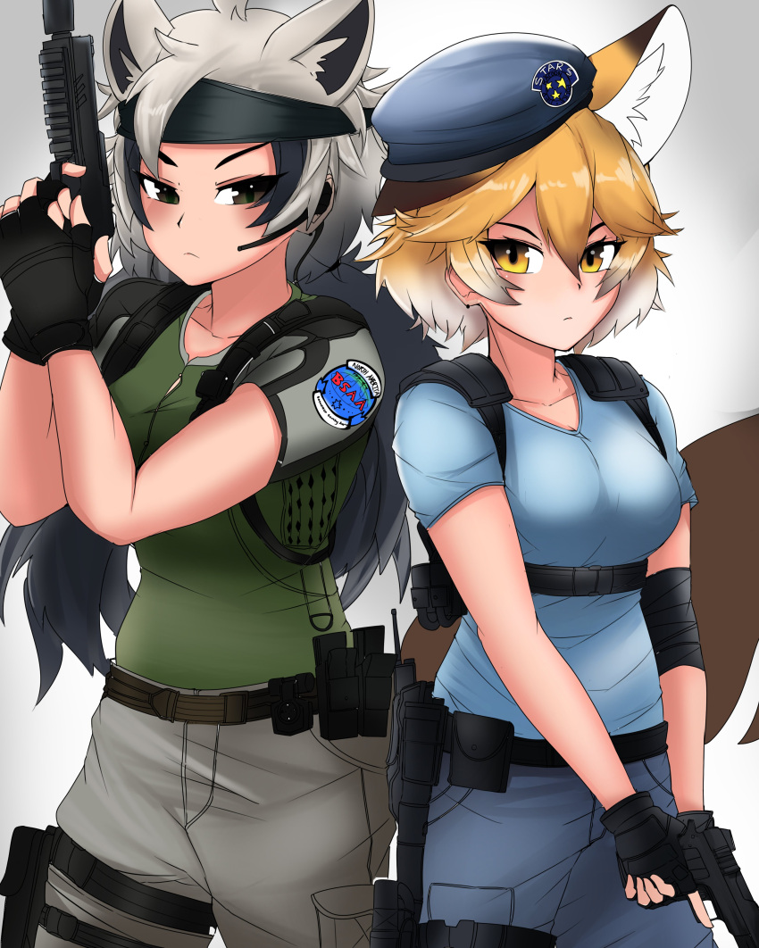 2girls absurdres alternate_hair_length alternate_hairstyle animal_ear_fluff animal_ears bare_arms bear_ears belt_pouch black_hair blonde_hair brown_eyes chest_harness closed_mouth collarbone cosplay earrings english_commentary extra_ears eyelashes ezo_brown_bear_(kemono_friends) ezo_red_fox_(kemono_friends) finger_on_trigger fingerless_gloves fox_ears fox_girl fox_tail gloves grey_hair gun handgun hands_up harness hat headband headset highres holding holding_gun holding_weapon jewelry kemono_friends long_hair looking_at_viewer medium_hair multicolored_hair multiple_girls nanoder pants pouch resident_evil serious shirt short_sleeves simple_background tail translated twintails two-tone_hair v_arms vest weapon white_background white_hair yellow_eyes