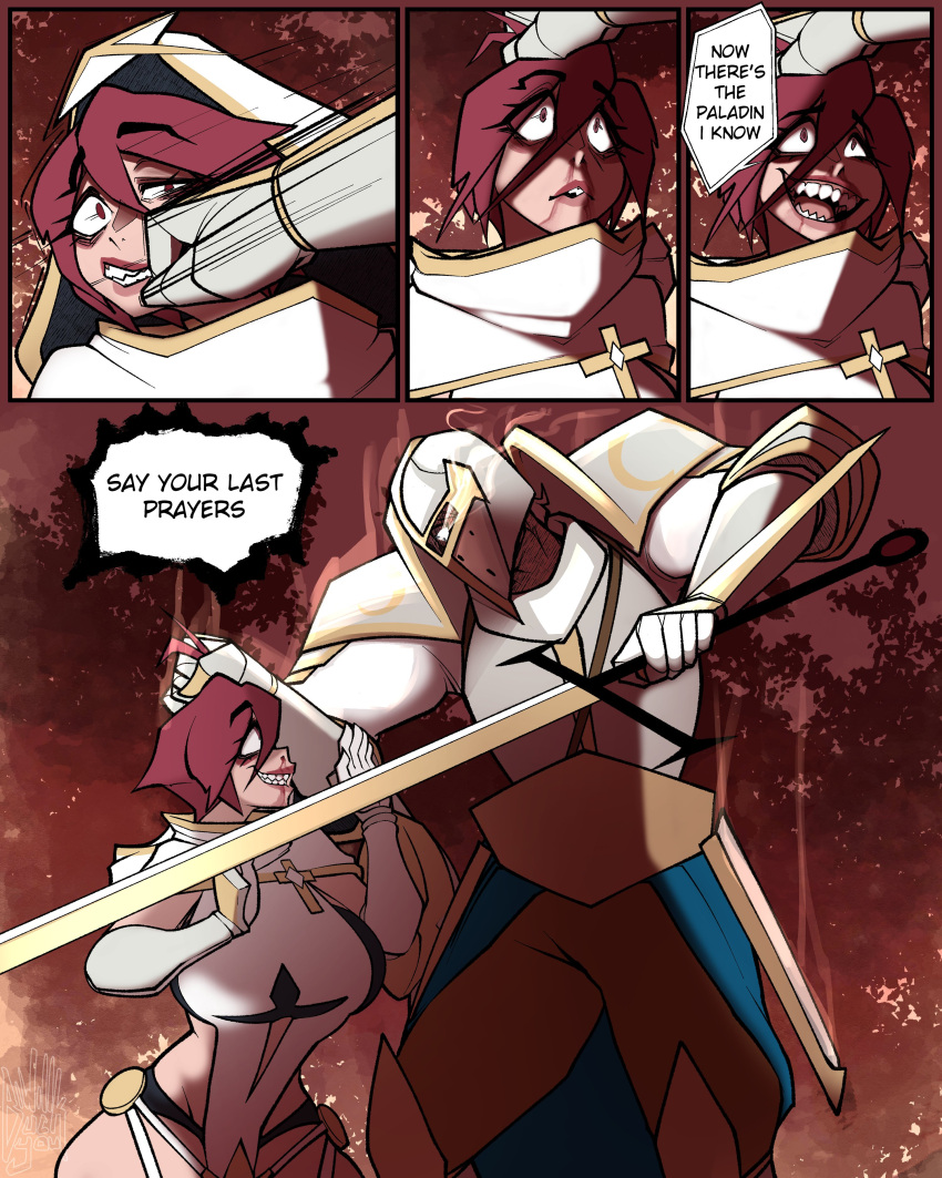 absurd_res armor big_breasts blood bodily_fluids breasts cleavage_cutout clothed clothing comic cross crusader crusader_joanne_(da3rd) da3rd dialogue digital_media_(artwork) duo english_text face_punch female fingers forest glowing glowing_eyes grin hair handwear headgear hi_res holding_hair holding_head holding_object holding_sword holding_weapon hood huge_breasts human human_only larger_male looking_up male mammal melee_weapon nosebleed not_furry open_grin open_mouth open_smile outside paladin plant pulling_hair punch red_eyes red_hair shield shocked_expression short_hair size_difference smaller_female smile speech_bubble standing sword teeth text topwear touching_hair tree violence weapon white_clothing