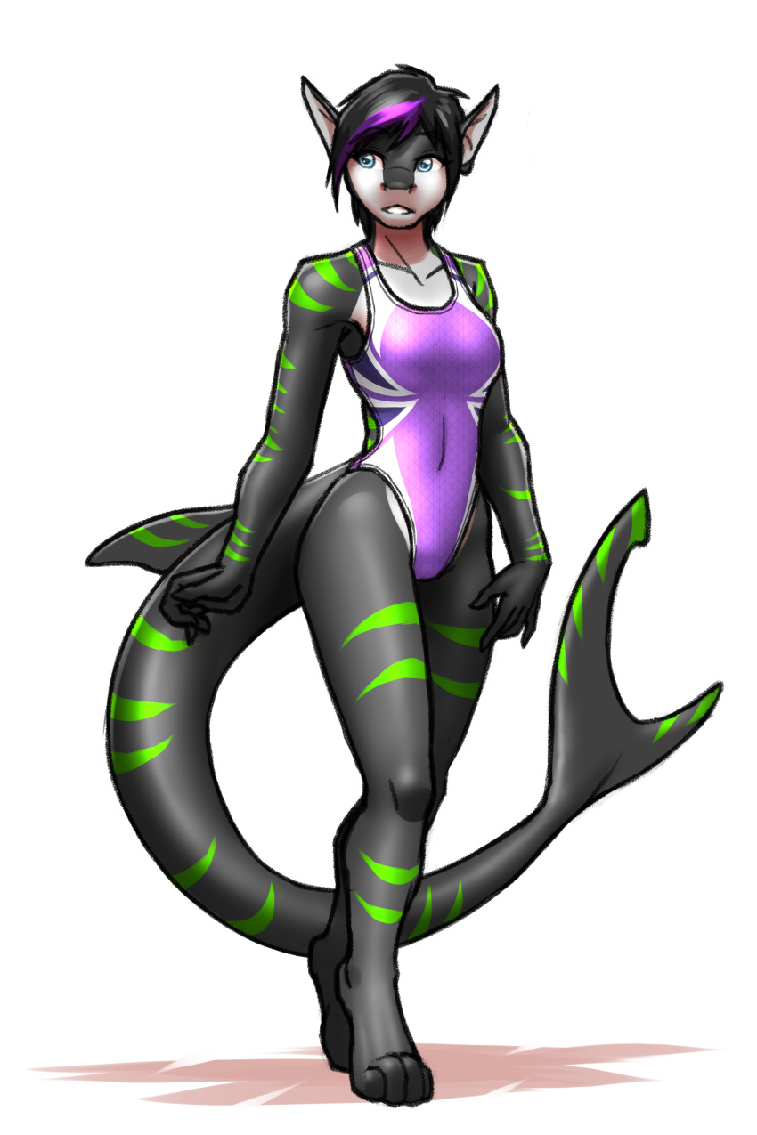 2023 absurd_res anthro black_body black_hair blue_eyes breasts clothing female fish glistening glistening_body glistening_clothing glistening_swimwear green_stripes hair hi_res highlights_(coloring) marine mykegreywolf navel_outline one-piece_swimsuit purple_highlights shark short_hair small_breasts solo striped_body stripes swimwear white_body