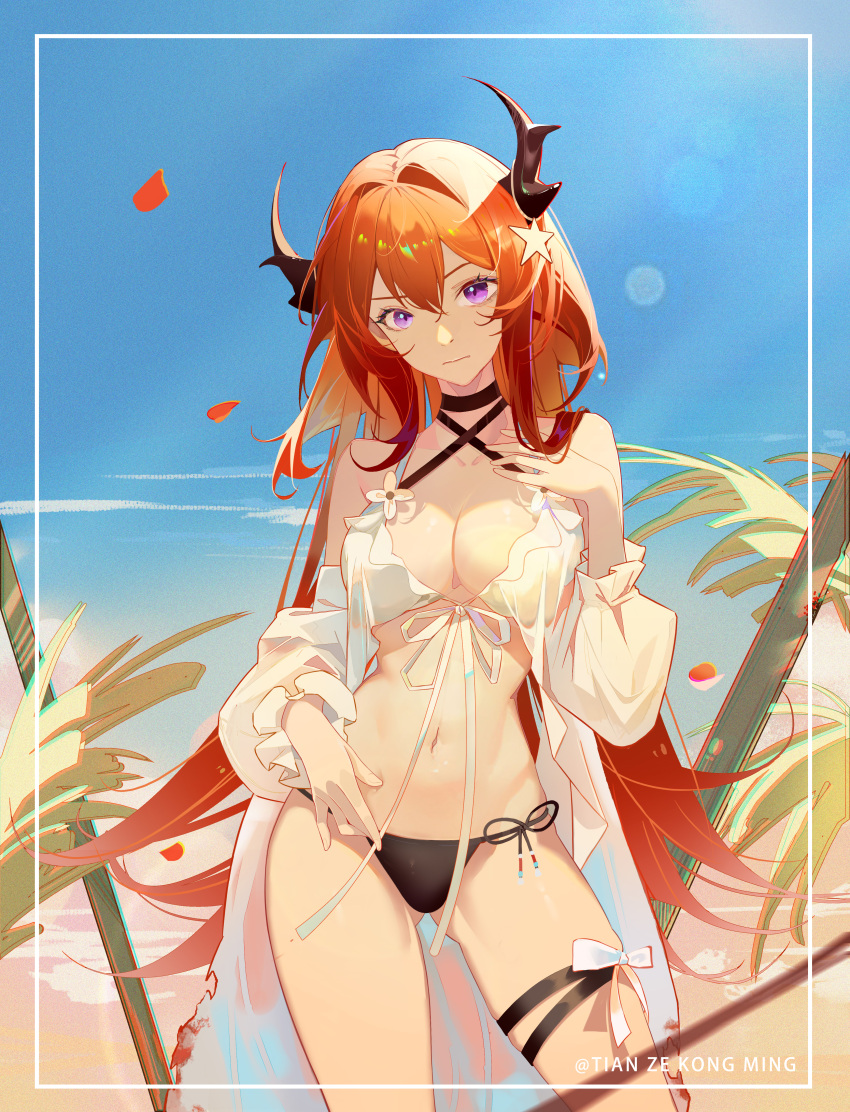 1girl absurdres arknights artist_name ass_visible_through_thighs beach bikini black_bikini black_choker black_horns blue_sky breasts chinese_commentary choker cleavage closed_mouth collarbone commentary_request cowboy_shot criss-cross_halter day detached_sleeves front-tie_bikini_top front-tie_top hair_ornament halterneck hand_up highres horns lens_flare long_hair long_sleeves looking_at_viewer medium_breasts navel ocean official_alternate_costume outdoors purple_eyes red_hair side-tie_bikini_bottom sky solo standing star_(symbol) star_hair_ornament surtr_(arknights) surtr_(colorful_wonderland)_(arknights) swimsuit swimsuit_cover-up thigh_strap tianzekongming