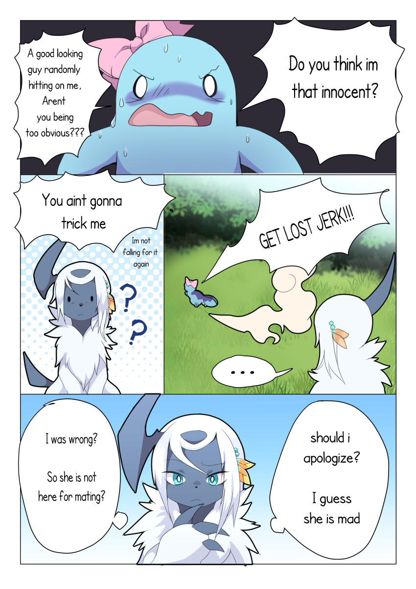 absol absurd_res accessory blue_eyes bow_accessory chibi comic comic_panel confusion dialogue duo english_text expressions feathers female feral gem generation_2_pokemon generation_3_pokemon gradient_background hi_res horn loreking male male/female nintendo pearl_(gem) pokemon pokemon_(species) poker_face quagsire question_mark simple_background speech_bubble text