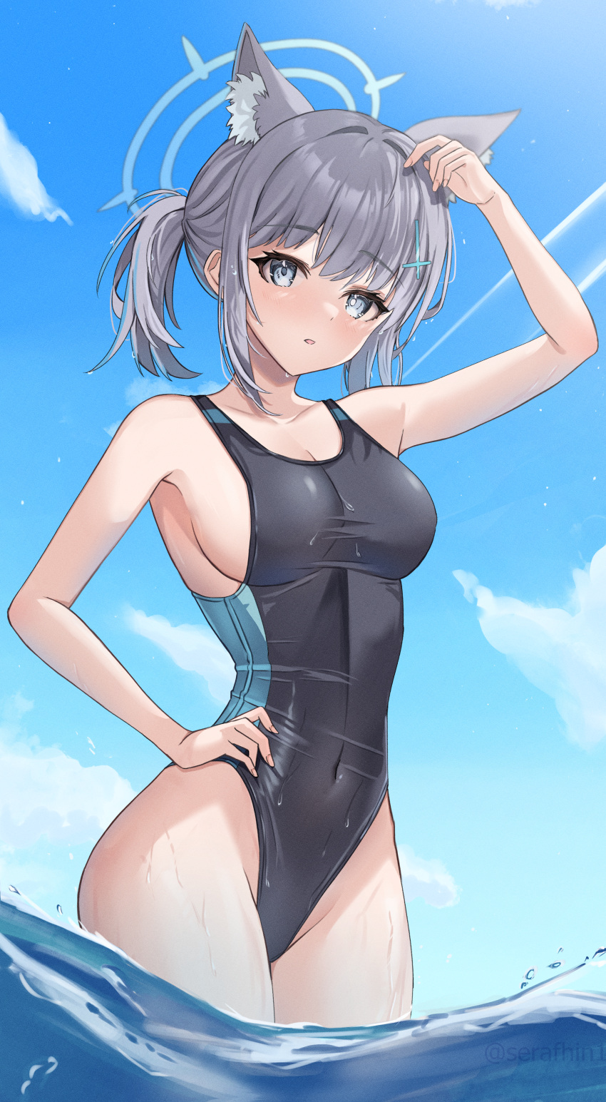 1girl absurdres animal_ear_fluff animal_ears black_one-piece_swimsuit blue_archive blue_eyes blue_sky breasts cloud competition_swimsuit contrail covered_navel cross_hair_ornament day extra_ears grey_hair hair_ornament halo hand_on_own_hip highleg highleg_swimsuit highres looking_at_viewer low_ponytail medium_breasts medium_hair mismatched_pupils multicolored_clothes multicolored_swimsuit official_alternate_costume one-piece_swimsuit outdoors serafhin shiroko_(blue_archive) shiroko_(swimsuit)_(blue_archive) sky solo standing swimsuit wading water wolf_ears