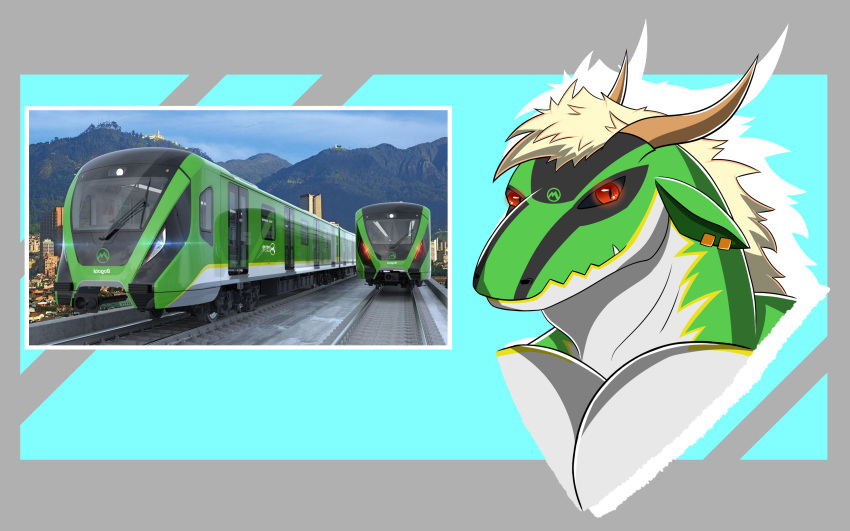 16:10 absurd_res anthro dragon ear_piercing green_body hi_res horn how_to_dragon_your_train humanoid hybrid living_machine living_train living_vehicle machine male mike_dramon_(artist) piercing red_eyes smile solo vehicle widescreen