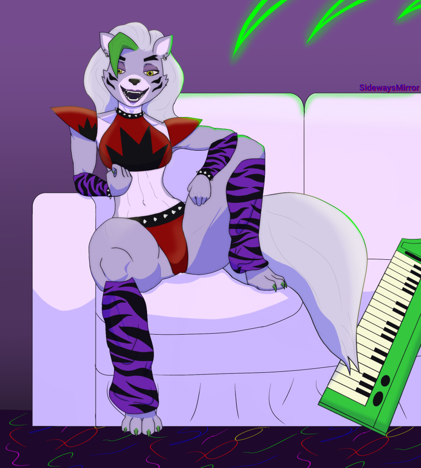 anthro beckoning bracelet canid canine canis choker clothed clothing collar female five_nights_at_freddy's five_nights_at_freddy's:_security_breach furniture gesture hi_res jewelry looking_at_viewer makeup mammal necklace roxanne_wolf_(fnaf) scottgames sidewaysmirror sitting skimpy sofa solo solo_focus spiked_bracelet spiked_collar spikes steel_wool_studios wolf