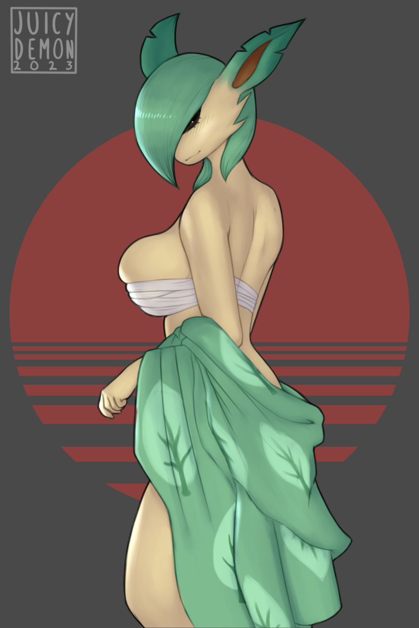 2023 absurd_res breast_squish breasts brown_eyes cleavage cleavage_overflow clothed clothing eeveelution elemental_creature elemental_humanoid female flora_fauna fusion gardevoir generation_3_pokemon generation_4_pokemon green_hair hair hi_res humanoid hybrid juicydemon leafeon looking_at_viewer looking_back looking_back_at_viewer nintendo plant plant_humanoid pokemon pokemon_(species) pokemon_fusion simple_background solo squish wraps yellow_body